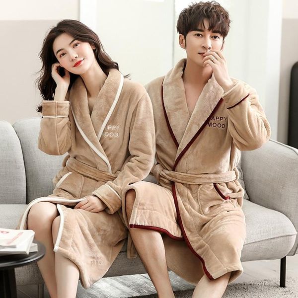 Lounge de sono feminino pijamas masculinos inverno longo robe quente roupão grosso vestidos de noite homem coral velo quimono pijama high-end carta bordado roupões de banho