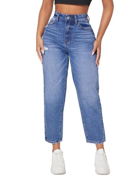 

petite high waist mom fit jeans e18v#, Blue