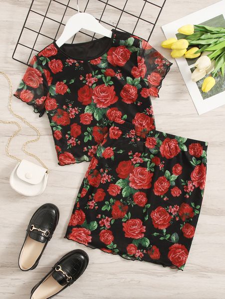 

teen girls floral print lettuce trim & skirt she, White