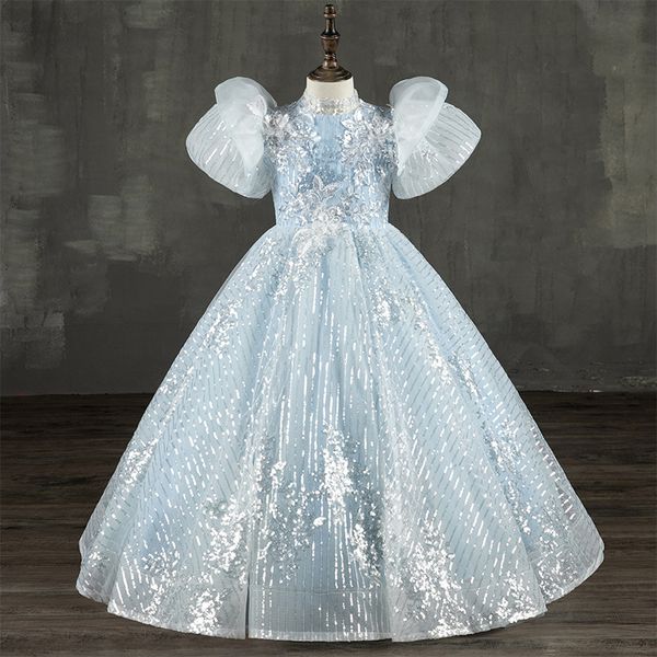 2022 Blaue Blumenmädchen Kleider Juwel Hals Ball Kleid Spitze Appliques Perlen mit Bogen Kinder Mädchen Pageant Kleid Sweep Zug Pailletten Geburtstagskleider