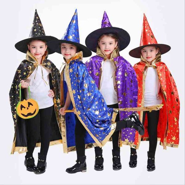

halloween cape with hat star pattern pumpkin cosplay comes come for kids boys girls party birthday 80 cm l220715, Blue