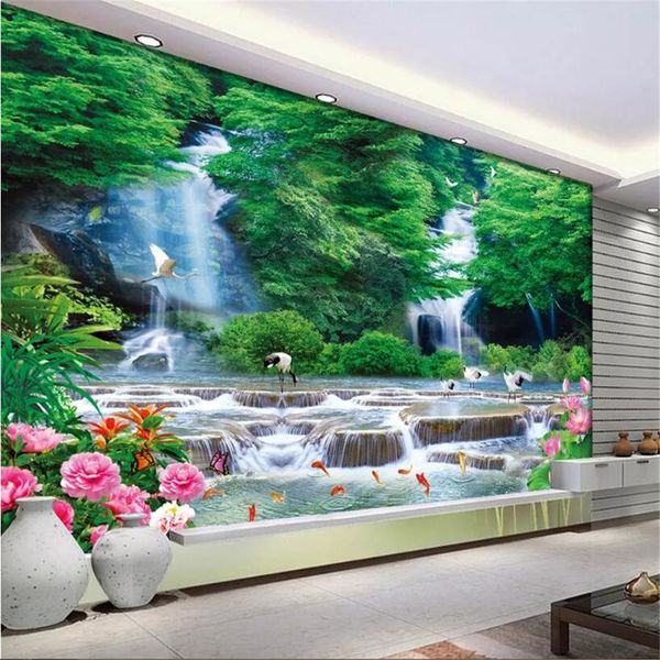 Personalizado papel de parede natureza paisagem paisagem cachoeira floresta peixe lótus foto papel de parede