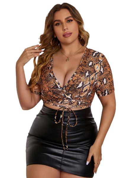 

plus snakeskin print knot front crop c1v4#, Black