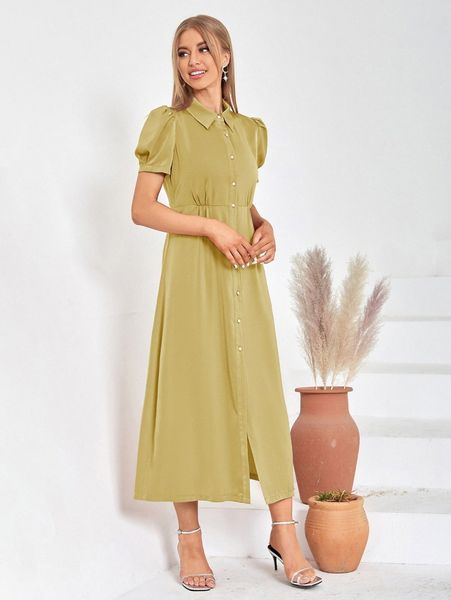 

solid puff sleeve satin shirt dress t0ek#, Black;gray