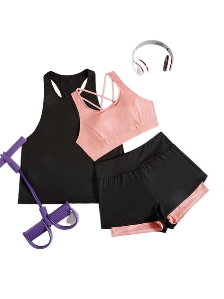 

plus 3pcs four-way stretch crisscross back sports set h1p4#, Black