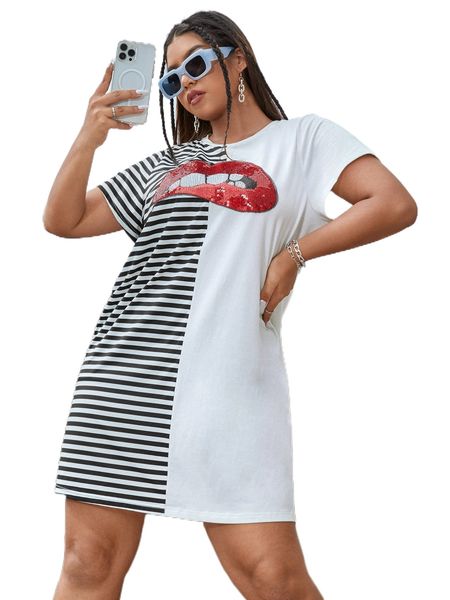 

plus striped contrast sequin lip pattern tee dress l4bx#, Black