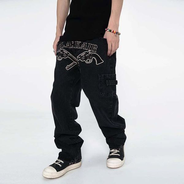 Jeans da uomo Harajuku Front Gun Letter Embroidery Vibe Style Pantaloni da uomo in denim Streetwear Pantaloni da coppia casual larghi oversize
