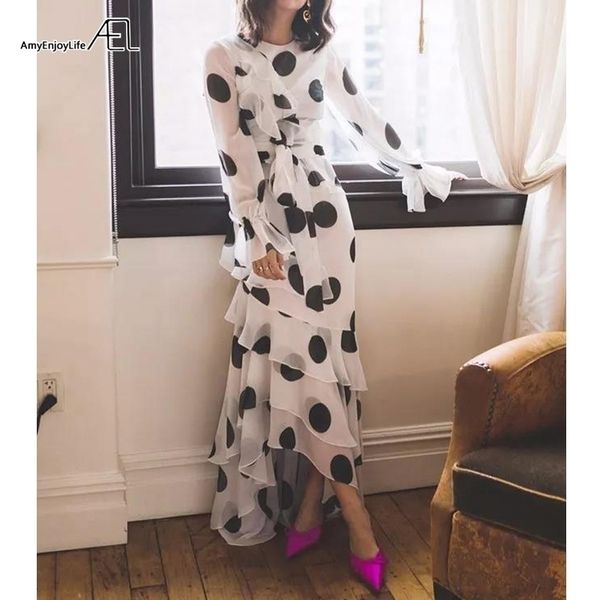 

ael chiffon dress long ruffles dresses ladies pagoda sleeve oneck beach dot ruffle casual dress women sundress y200805, Black;pink