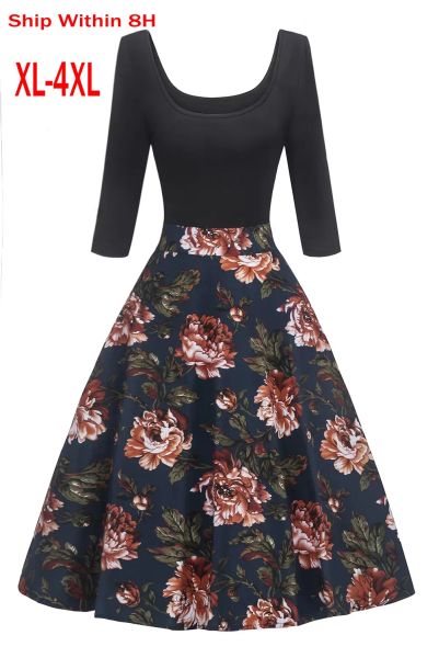 Ретро 50 -х годов 60 -х годов платье рокабилли Женщины цветочный принт с половиной рукава широко o e -elastic Женский летнее повседневное платье FS2727