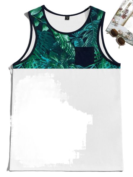 

men tropical print patched pocket tank t6sr#, White;black
