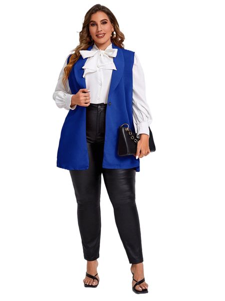

plus solid single button shawl collar blazer vest without blouse 14sv#, Black
