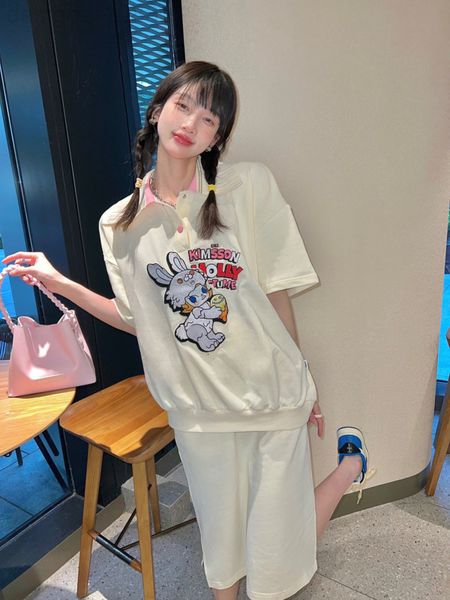 

two piece dress designer 22 spring and summer new fashion brand cartoon rabbit contrast lapel hem splicing rib love embroidery skirt set ybf, White