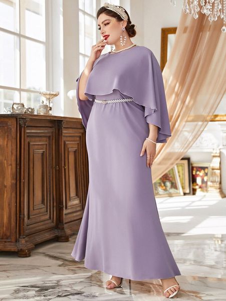 

plus cloak sleeve belted maxi dress 91hz#, Black