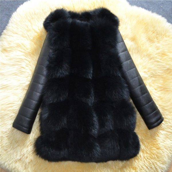 

winter arrival warm women faux fur coat with pu sleeve high imitation fur jacket black fur outerwear y200109