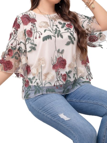 

plus floral embroidery flounce sleeve mesh x2ae#, Black