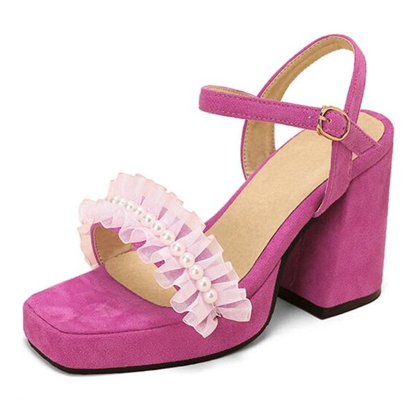 

sandals women's high heel sandals, 2022 summer style beaded lace, comfortable, platform, sweet style, square toe.chunky, Black