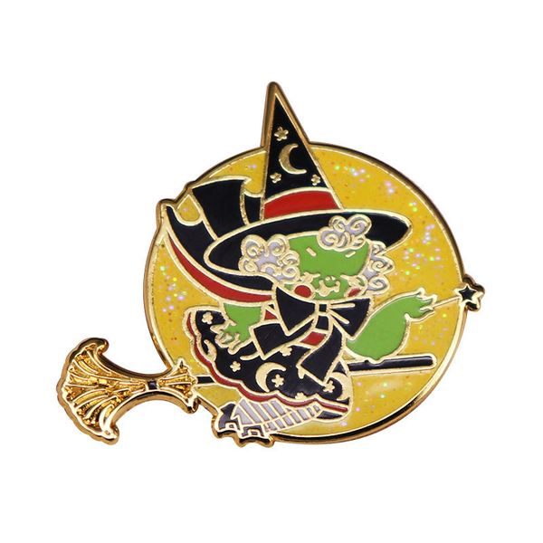 

glisten full moon flying witch hard enamel pin funny cartoon magic broom magic girl medal brooch cute unique halloween gift, Blue