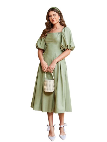 

square neck stereo flower puff sleeve dress w44l#, Black;gray