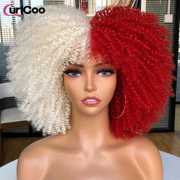 Короткие волосы афро извращенные вьющиеся парики с челкой для чернокожих женщин косплей Lolita Синтетическая омбр -бесцветная блондинка розовый красный парик Curlcoo 220707