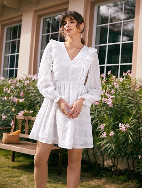 

flounce sleeve ruffle trim swiss dot dress 49lj#, Black;gray