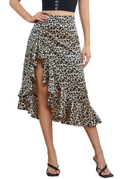 

ruffle trim split leopard skirt 25v9#, Black