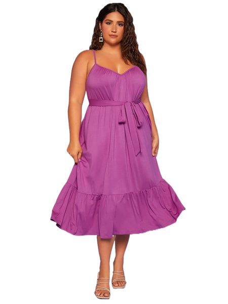 

plus solid belted cami dress 06qx#, Black