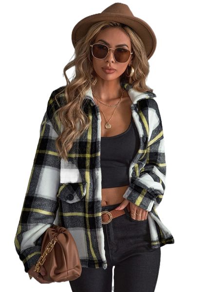 

plaid print drop shoulder jacket 13u3#, Black;brown
