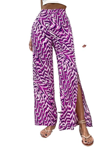 

all over print split hem pants i9n0#, Black;white