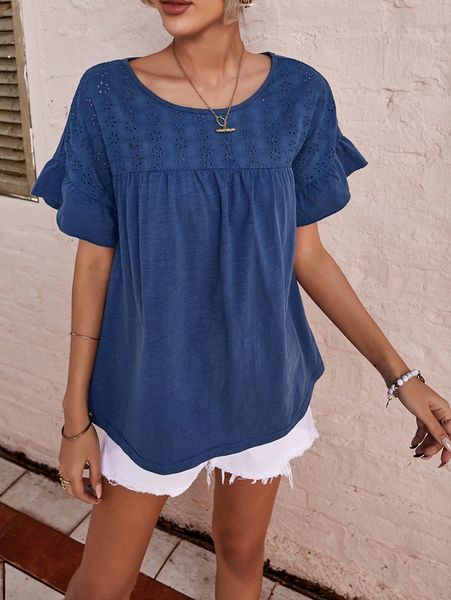 

eyelet embroidery flounce sleeve tee f4qr#, White