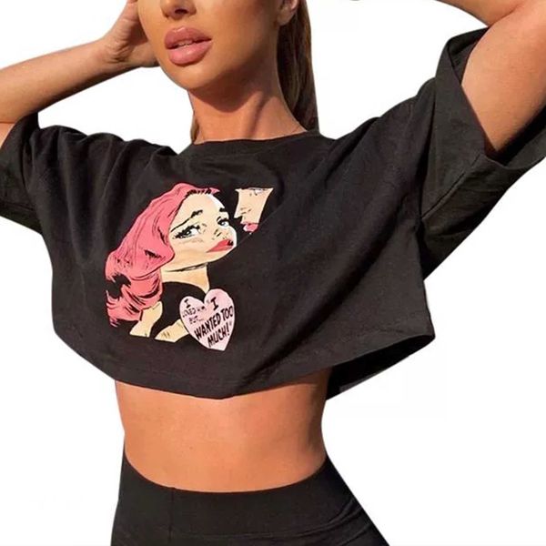 

wholesale custom t-shirt women summer casual cartoon print oversize for ladies loose crop round neck t shirt designer, White
