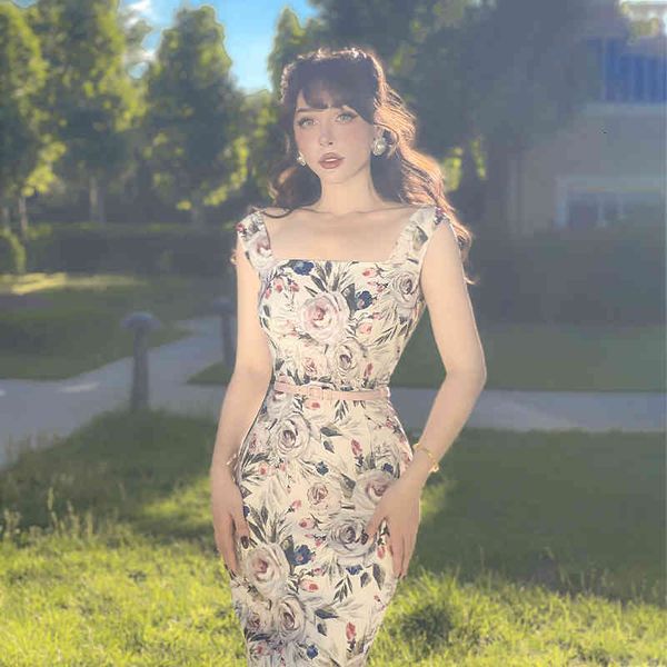 

casual dresses vintage original oil painting large flower slim fit backless tight multi wearing dress 78uo, Black;gray