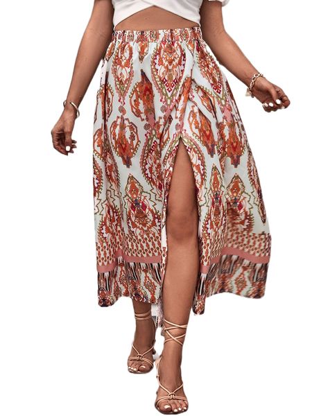 

geo print wrap split thigh skirt 70yw#, Black