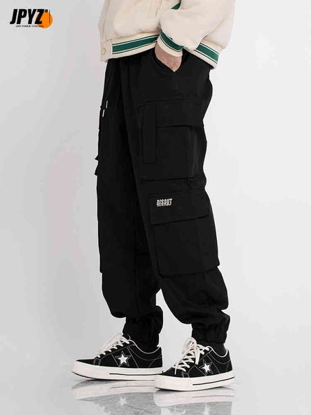 

loose multi pocket functional overalls men's foot binding fashion brand slim casual plush long pants autumn and winter 2021, White;black