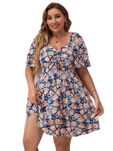 

plus floral print cut out drawstring butterfly sleeve dress b2zg#, Black
