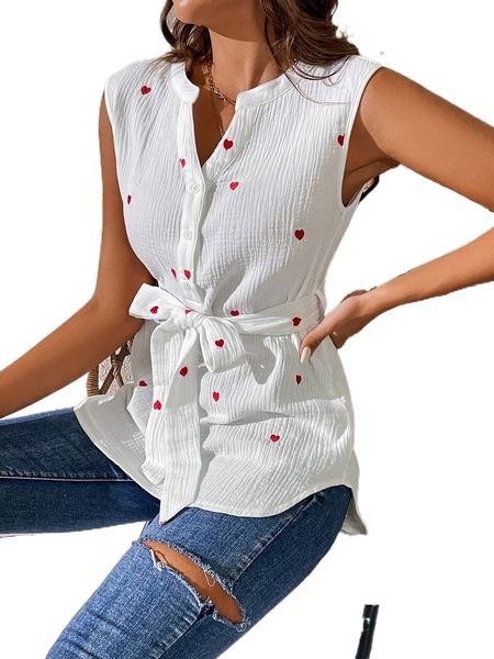

heart embroidery sleeveless belted blouse u2rg#, White