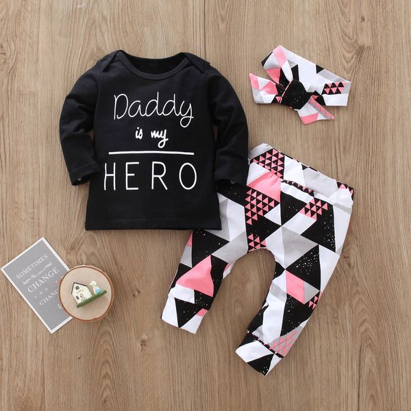 

baby girl clothes set long sleeve black letter print and geometry pants headband 3pcs/set born infant suits 220315, White