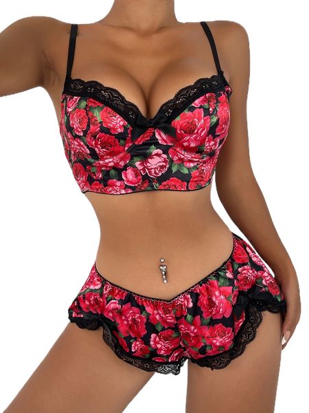 

floral lace satin underwire lingerie set g9bw#, Black;red