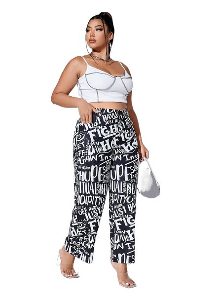 

plus allover letter graphic slant pocket pants n0cv#, Black