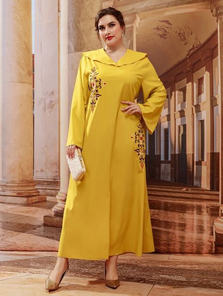 

plus floral embroidery statement collar split hem tunic dress q5et#, Black
