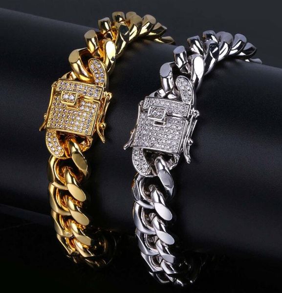 

18k gold plated micro diamond chain studded jewelry buckle miami cuban chain men's hip hop hand, Black
