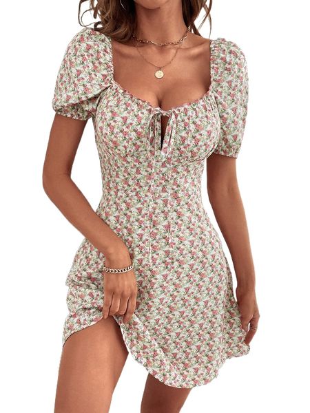 

s.weetheart neck p.uff s.leeve d.itsy f.loral d.ress p93d#, Black;gray