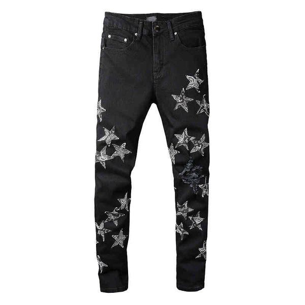 

men's jeans 826 personalized fashion trend black star patch hole small leg jeans men's youth elastic slim fit pants r39l, Blue