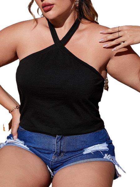 

plus solid backless halter e09s#, Black