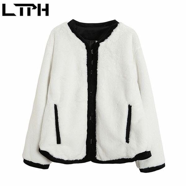 

ltph ins casual loose faux fur coat women fashion elegant plush jacket thicken warm letter outwear winter 210423, Black