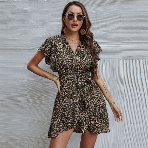 

women a line vintage mini dresses with belt summer ruffles short sleeve bohemian dress female v neck beach sundress 220509, Black;gray