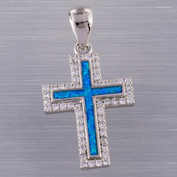 Anhänger Halsketten Lateinische Kreuz Ozeanblau Feuer Opal CZ Surround versilbertes Schmuck für Frauen Halsklearbeteilige Halskleiere