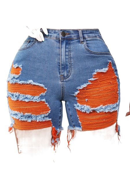 

sxy colorblock ripped raw hem denim shorts z17g#, White;black