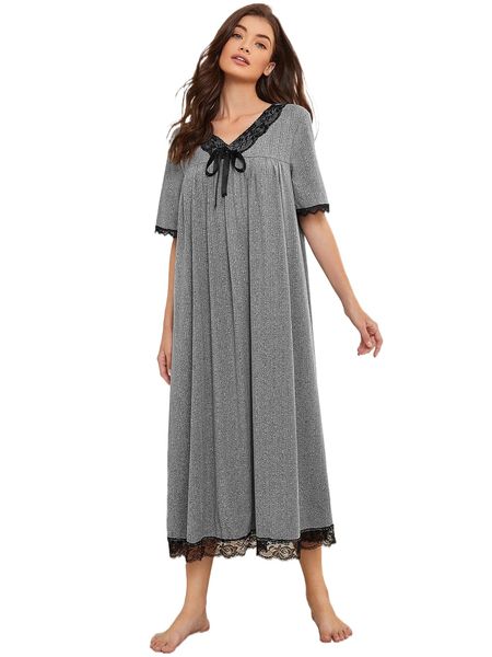 

knot front lace trim nightdress f7kx#, Black;red