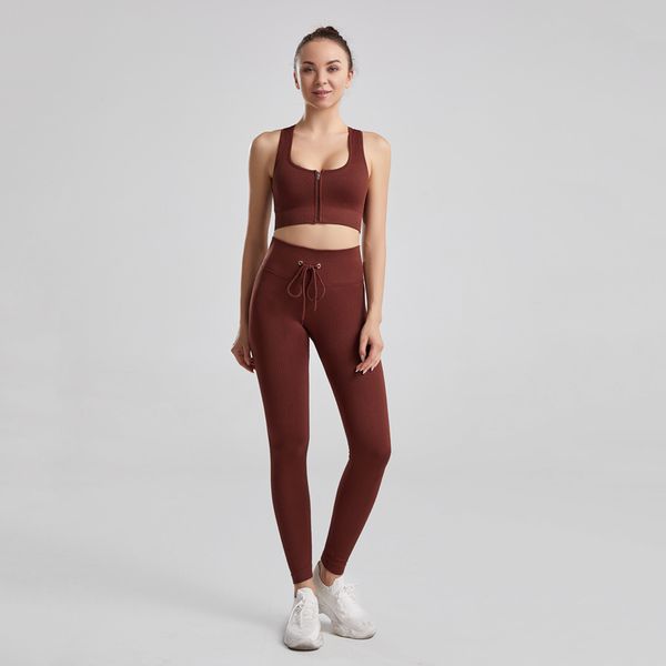 Damen-Yoga-Out-Fit, hohe Taille, Laufgarn, starker Stretch, einfarbiges Nylon, Fitness-Weste, BH und Taschenhosen, Anzüge, nahtlose, hüfthebende Leggings-Trainingsanzüge