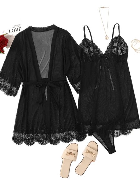 

3pcs contrast lace mesh slips with thong & belted robe 58nh#, Black;red